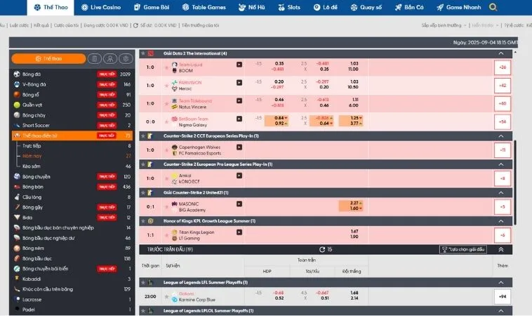 Bảng kèo cá cược thể thao điện tử tại 988Bet