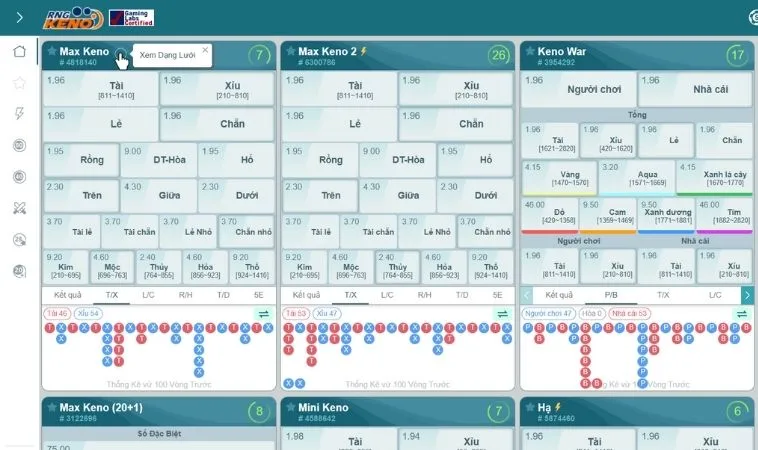 Thiết kế giao diện game Keno Tại 988Bet trực quan, dễ đặt cược