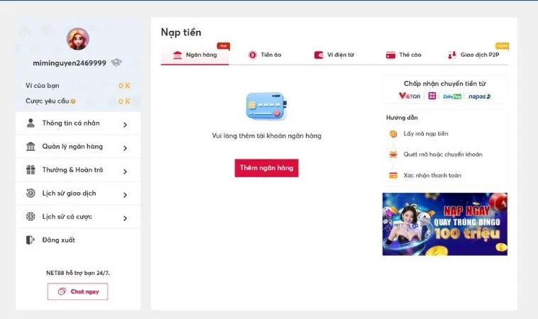 Hướng Dẫn Nạp Tiền 988Bet Siêu Tốc Nhận Ngay Ưu Đãi Cực Khủng Cho Tân Thủ 2 Giao diện nạp tiền 988Bet