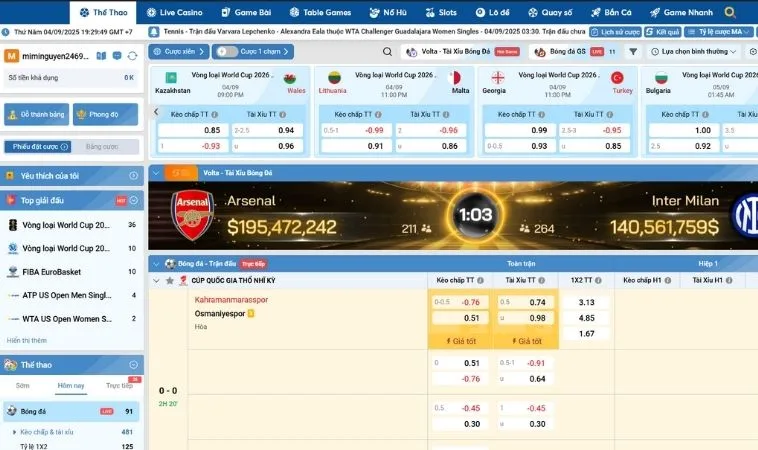 Giao diện đặt kèo cá cược bóng đá 988Bet